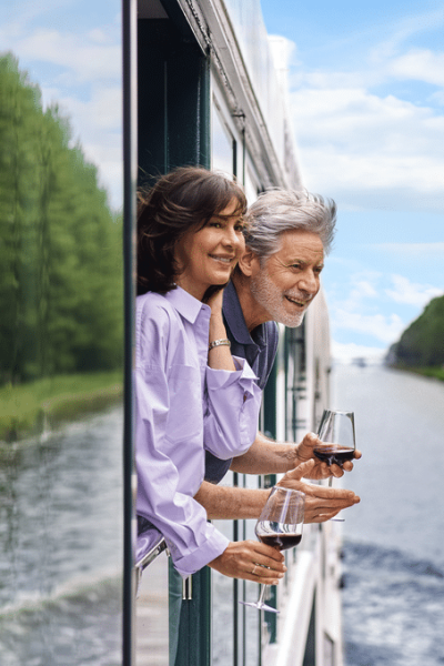 Guest Experience Onboard Suite. View Guests Having A Glass Of Wine While Enjoying The View From Their Cabin Lueftner Cruises Amadeus Tom Yasny
